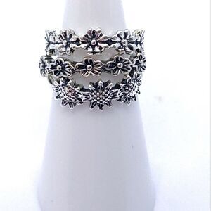 3 pc Set Stackable Gypsy Boho Knuckle Rings Sunflower Floral Silver Zinc Alloy